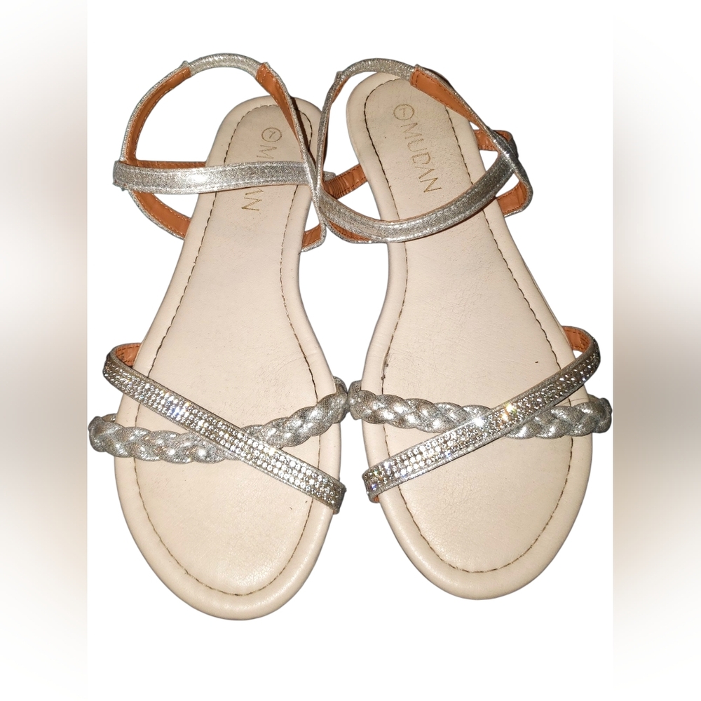Sz 7 Silver Braided Crystal-Strap Women's Sandals By Mudan